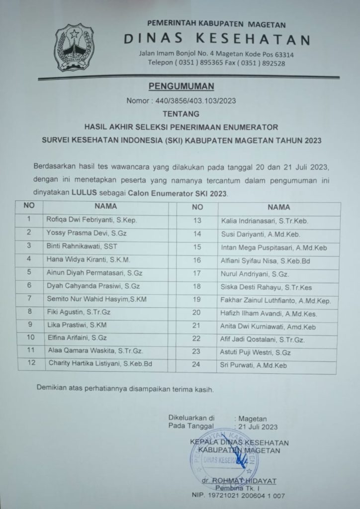 PENGUMUMAN HASIL AKHIR SELEKSI PENERIMAAN ENUMERATOR SURVEY KESEHATAN ...