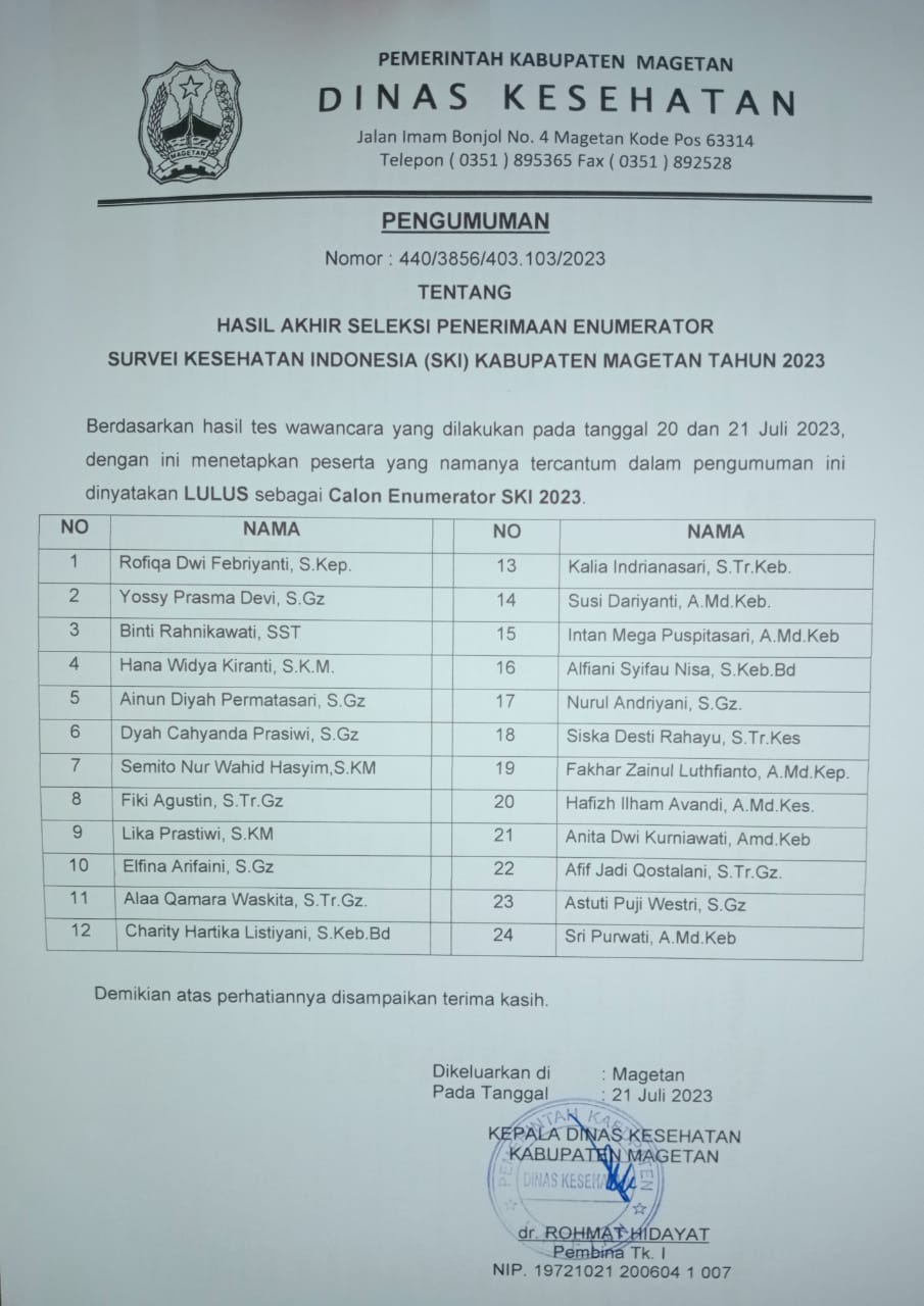 PENGUMUMAN HASIL AKHIR SELEKSI PENERIMAAN ENUMERATOR SURVEY KESEHATAN INDONESIA (SKI) KABUPATEN MAGETAN TAHUN 2023